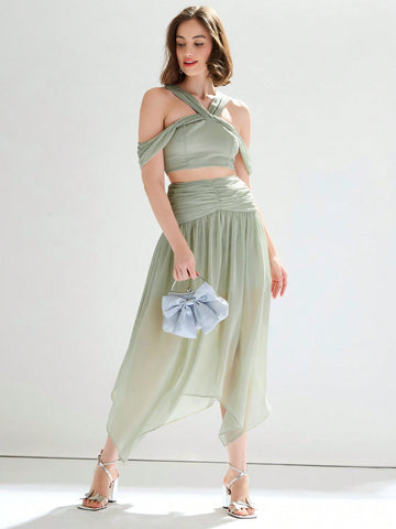 Women's Solid Color Cold Shoulder Cropped Top & Ruched Flowy Hanky Hem Skirt Beach Outfit Set