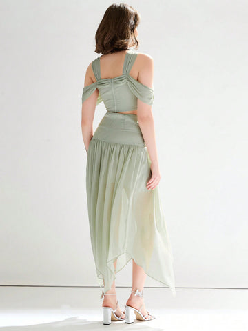 Women's Solid Color Cold Shoulder Cropped Top & Ruched Flowy Hanky Hem Skirt Beach Outfit Set
