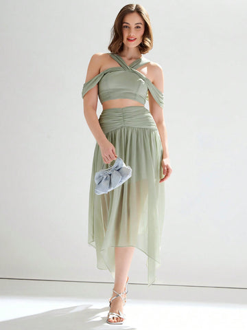 Women's Solid Color Cold Shoulder Cropped Top & Ruched Flowy Hanky Hem Skirt Beach Outfit Set