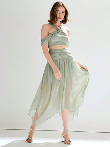 Women's Solid Color Cold Shoulder Cropped Top & Ruched Flowy Hanky Hem Skirt Beach Outfit Set