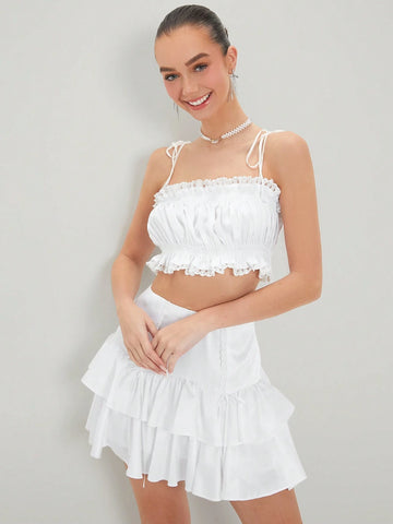 Women's Solid Color Lace Trimmed Camisole Top & Ruffle Hem Skirt Set