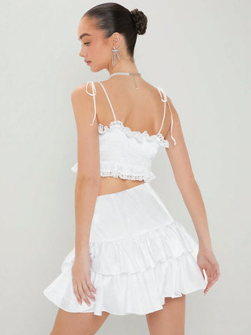 Women's Solid Color Lace Trimmed Camisole Top & Ruffle Hem Skirt Set