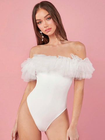 Women's Summer Mesh Ruffle Off Shoulder Bodysuit