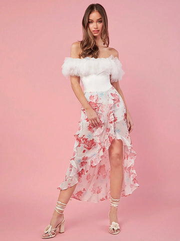 Women's Summer Mesh Ruffle Off Shoulder Bodysuit