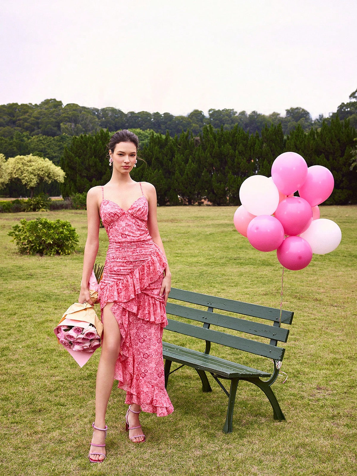 Women's Valentine's Day Floral Print Ruffle Hem Asymmetric Hem Spaghetti Strap Dress