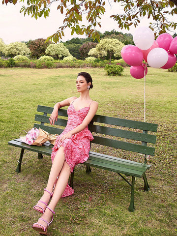 Women's Valentine's Day Floral Print Ruffle Hem Asymmetric Hem Spaghetti Strap Dress