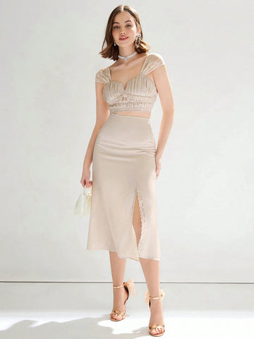 Women's Woven Romantic Style Lace Trim Ruched Top & Bodycon Skirt Two-Piece Set, Elegant Temperament Going Out Set