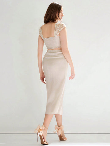 Women's Woven Romantic Style Lace Trim Ruched Top & Bodycon Skirt Two-Piece Set, Elegant Temperament Going Out Set