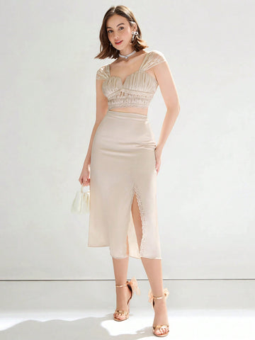 Women's Woven Romantic Style Lace Trim Ruched Top & Bodycon Skirt Two-Piece Set, Elegant Temperament Going Out Set