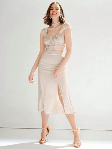 Women's Woven Romantic Style Lace Trim Ruched Top & Bodycon Skirt Two-Piece Set, Elegant Temperament Going Out Set