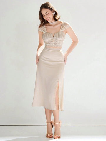 Women's Woven Romantic Style Lace Trim Ruched Top & Bodycon Skirt Two-Piece Set, Elegant Temperament Going Out Set