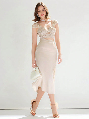 Women's Woven Romantic Style Lace Trim Ruched Top & Bodycon Skirt Two-Piece Set, Elegant Temperament Going Out Set