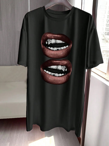 1 Pc EZwear Women Oversized Short Sleeve T-Shirt Dress With Exaggerated Lip Print, Summer