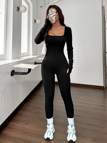 1pc Black Tight Fit Turtleneck Wool Blend Jumpsuit, Casual Sportswear, Autumn
