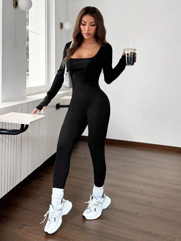 1pc Black Tight Fit Turtleneck Wool Blend Jumpsuit, Casual Sportswear, Autumn