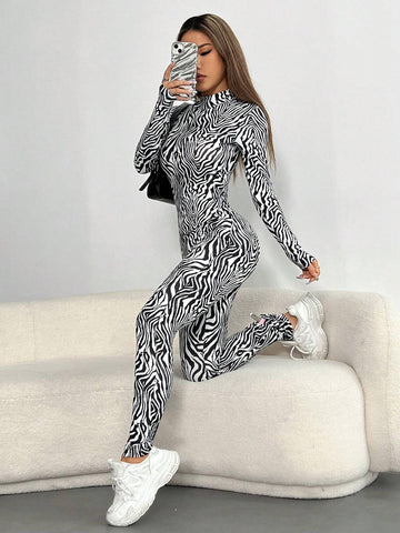 1pc Fashionable Zebra Striped Stand Collar Long Sleeve Jumpsuit For Spring And Autumn