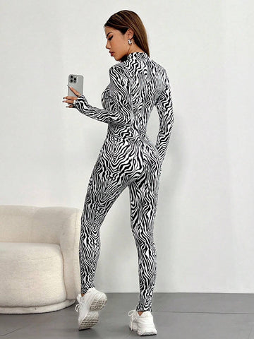 1pc Fashionable Zebra Striped Stand Collar Long Sleeve Jumpsuit For Spring And Autumn