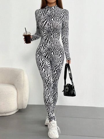 1pc Fashionable Zebra Striped Stand Collar Long Sleeve Jumpsuit For Spring And Autumn