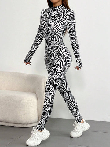 1pc Fashionable Zebra Striped Stand Collar Long Sleeve Jumpsuit For Spring And Autumn