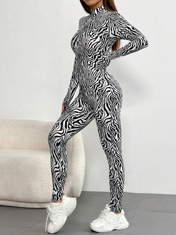 1pc Fashionable Zebra Striped Stand Collar Long Sleeve Jumpsuit For Spring And Autumn
