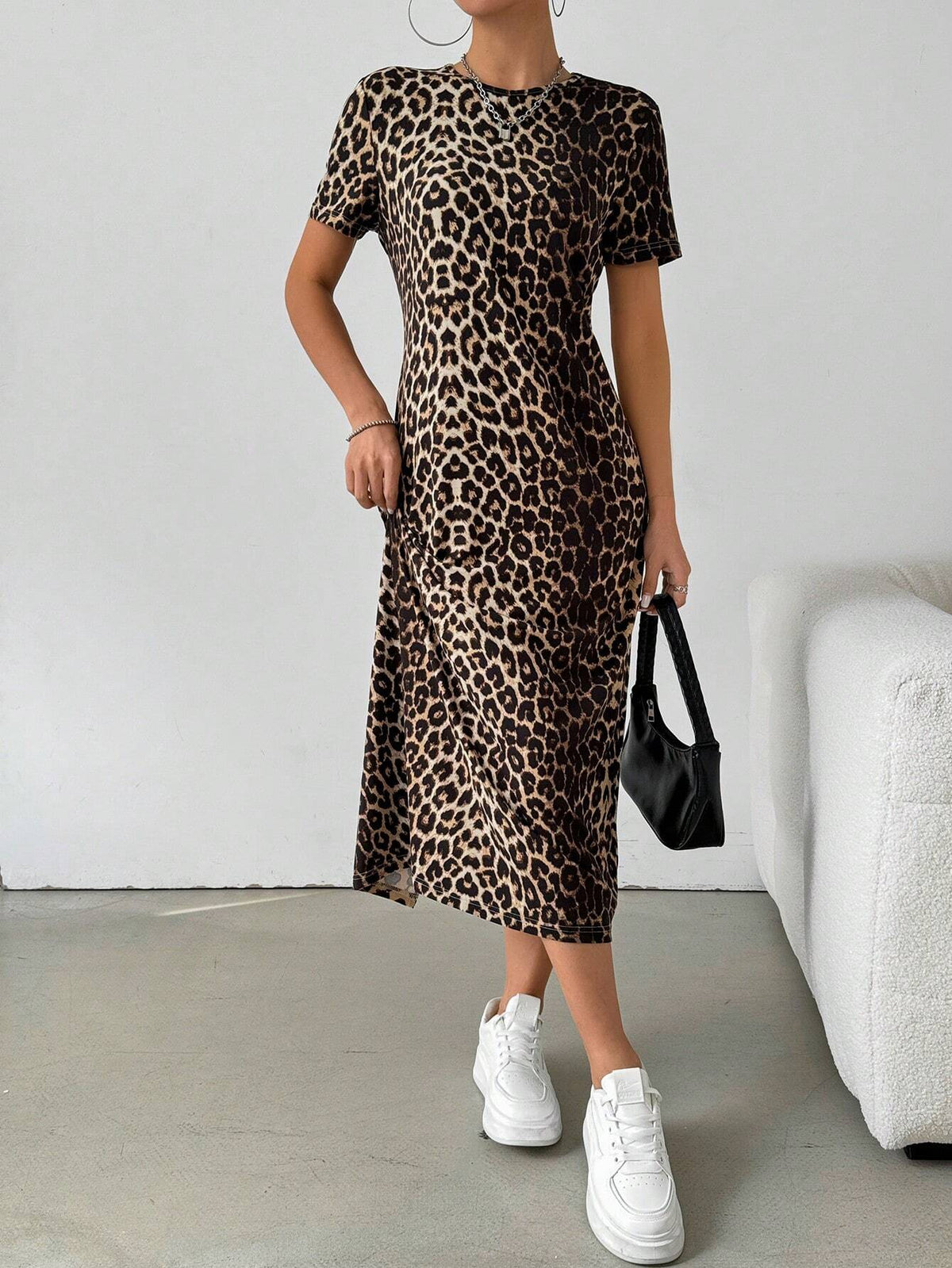 1pc Leopard Print Long T-Shirt Dress For Women, Summer