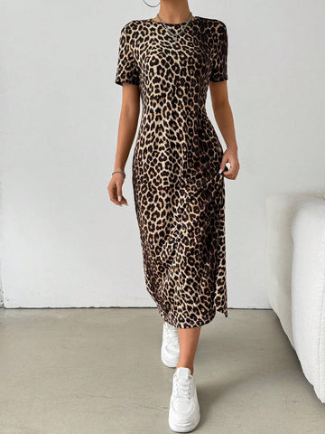 1pc Leopard Print Long T-Shirt Dress For Women, Summer