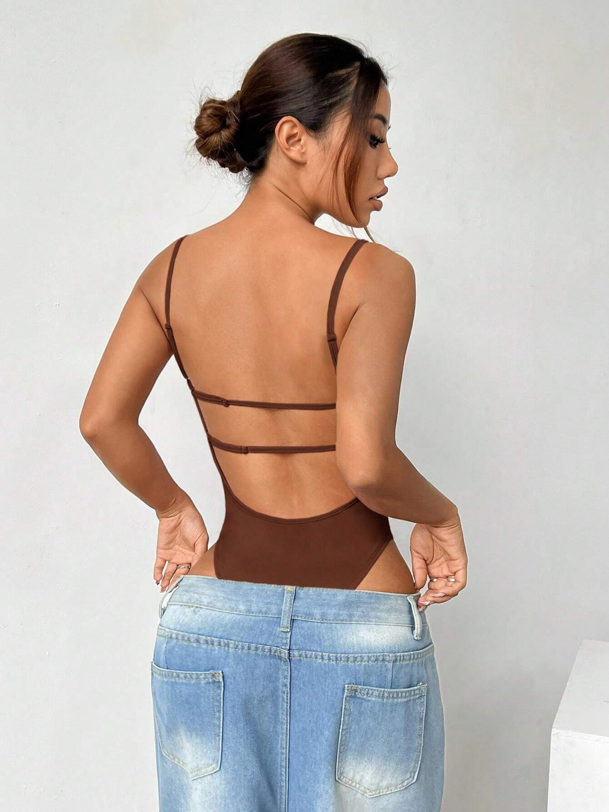 1pc Sexy Brown Backless Bodysuit For Summer