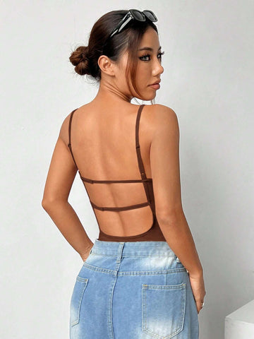 1pc Sexy Brown Backless Bodysuit For Summer