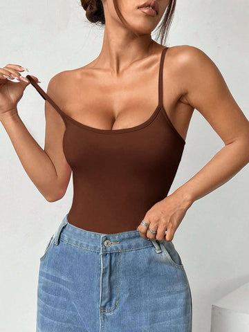 1pc Sexy Brown Backless Bodysuit For Summer