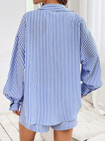 1pc Striped Print Drop Shoulder Shirt & 1pc Shorts