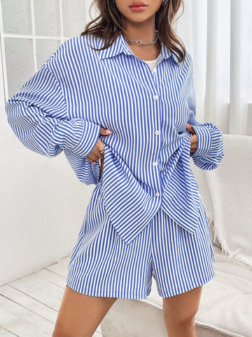 1pc Striped Print Drop Shoulder Shirt & 1pc Shorts