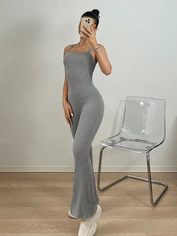 1pc Women Gray Sexy Backless Spaghetti Strap Skinny Jumpsuit, Summer