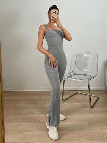1pc Women Gray Sexy Backless Spaghetti Strap Skinny Jumpsuit, Summer