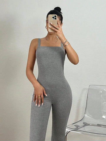 1pc Women Gray Sexy Backless Spaghetti Strap Skinny Jumpsuit, Summer