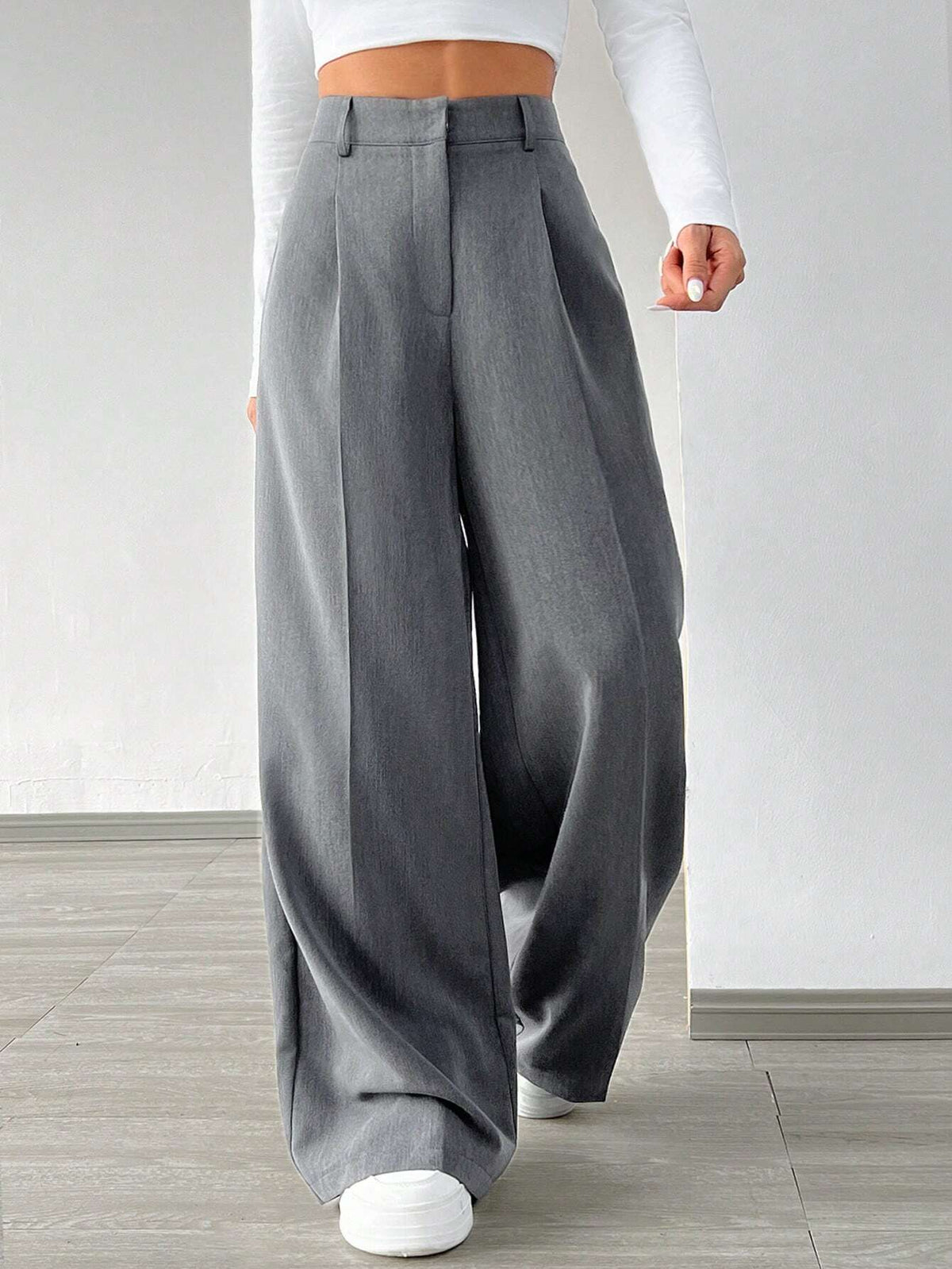 EZwear 1pc Women Plain Buttoned Front Minimalist Style Casual Pants, Daily Wear
