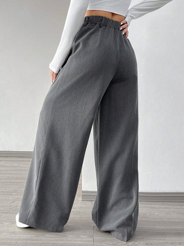 EZwear 1pc Women Plain Buttoned Front Minimalist Style Casual Pants, Daily Wear