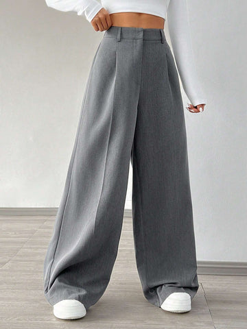 EZwear 1pc Women Plain Buttoned Front Minimalist Style Casual Pants, Daily Wear