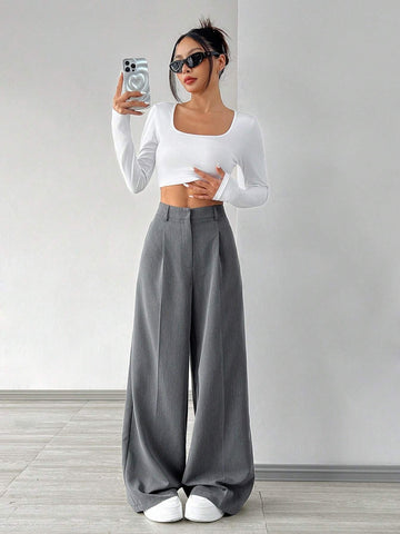 EZwear 1pc Women Plain Buttoned Front Minimalist Style Casual Pants, Daily Wear