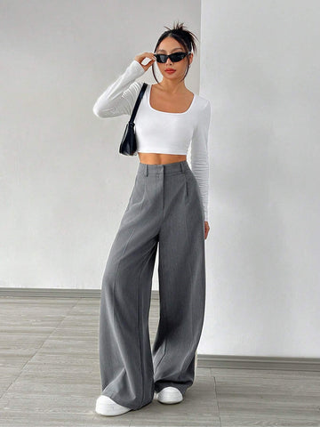 EZwear 1pc Women Plain Buttoned Front Minimalist Style Casual Pants, Daily Wear