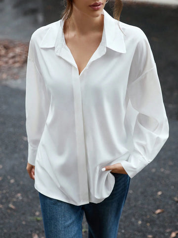 EZwear 1pc Women Plain Color Front Button Casual Long Sleeve Shirt