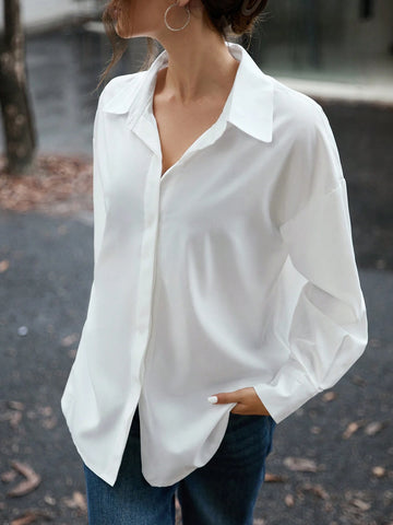 EZwear 1pc Women Plain Color Front Button Casual Long Sleeve Shirt