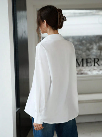 EZwear 1pc Women Plain Color Front Button Casual Long Sleeve Shirt