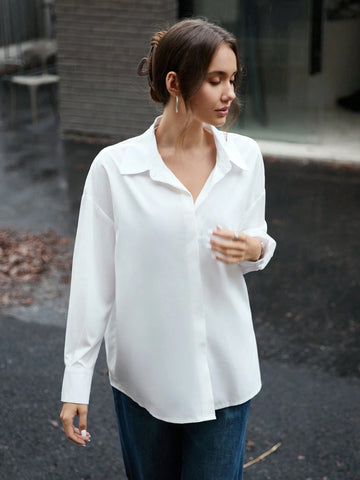 EZwear 1pc Women Plain Color Front Button Casual Long Sleeve Shirt