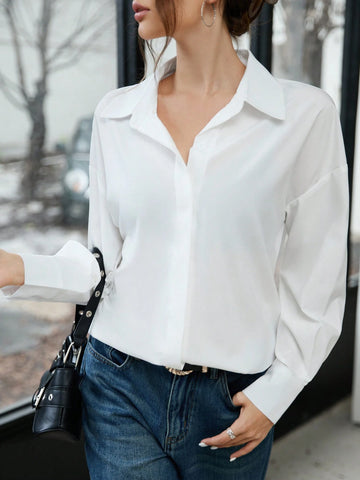 EZwear 1pc Women Plain Color Front Button Casual Long Sleeve Shirt