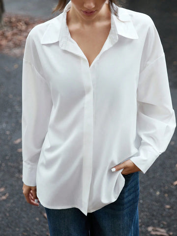 EZwear 1pc Women Plain Color Front Button Casual Long Sleeve Shirt