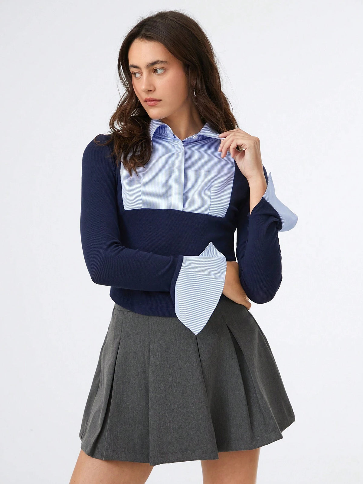 EZwear 1pc Women Plain Color Patchwork Front Button Long Sleeve Casual Shirt