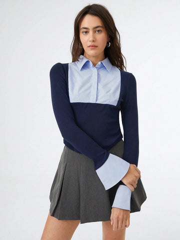 EZwear 1pc Women Plain Color Patchwork Front Button Long Sleeve Casual Shirt