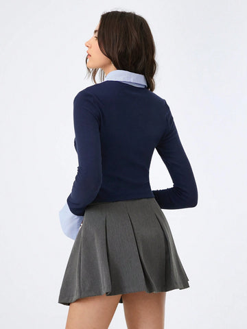 EZwear 1pc Women Plain Color Patchwork Front Button Long Sleeve Casual Shirt