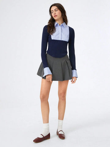 EZwear 1pc Women Plain Color Patchwork Front Button Long Sleeve Casual Shirt