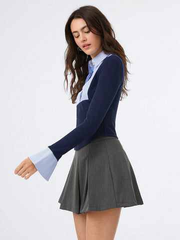 EZwear 1pc Women Plain Color Patchwork Front Button Long Sleeve Casual Shirt